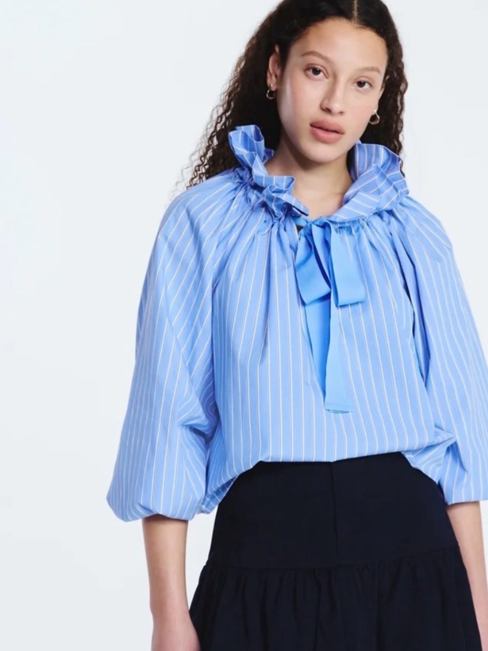 Blue Striped Tie-Neck Women's Blouse - Picture 6 of 7